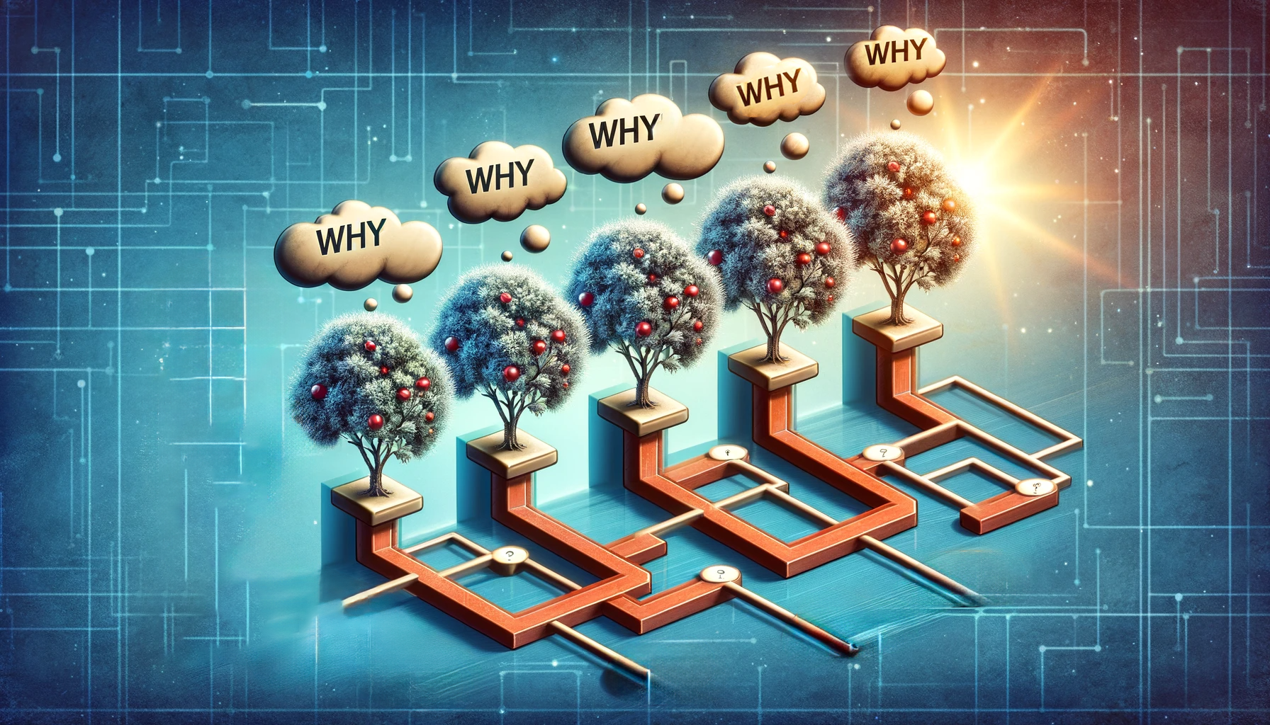 Illustration of the 'Five Whys' technique showing thought bubbles with progressive 'why' questions leading to a root cause.