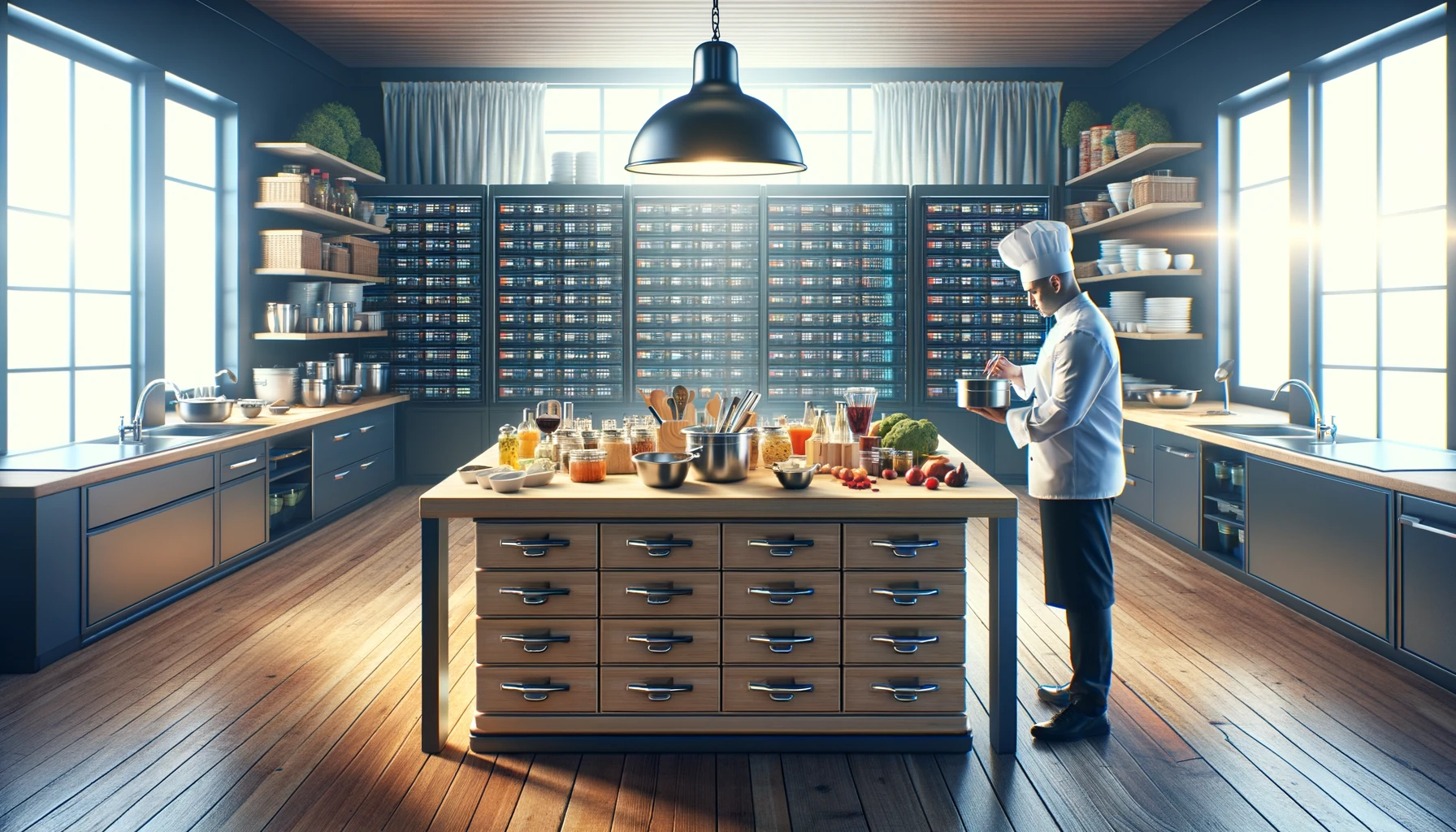 A single chef in a professional outfit organizes a large central table in a modern and sleek kitchen, symbolizing a fact table in data warehousing, captured in the high-quality style of a Canon 5D Mark IV camera.